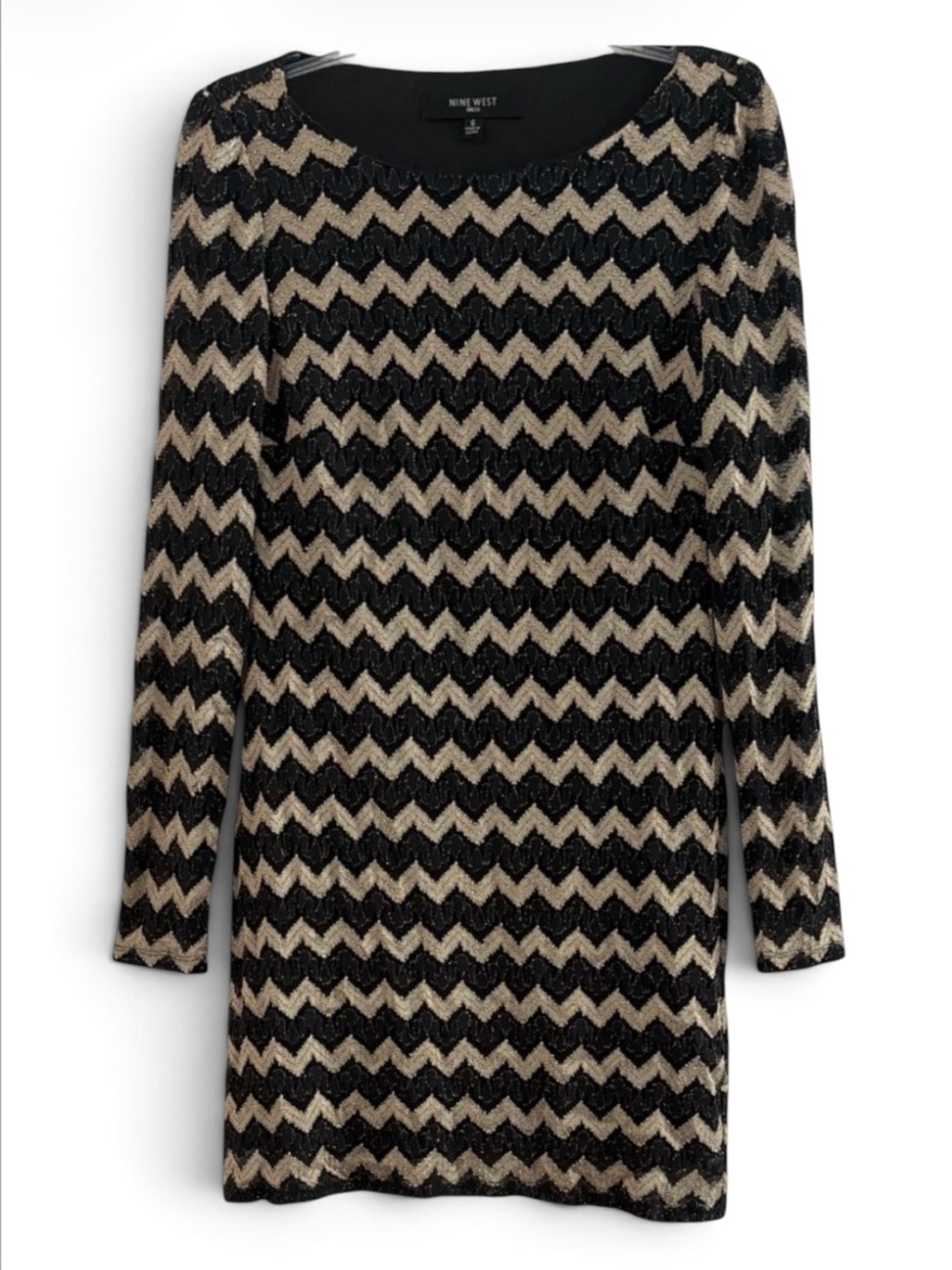 Nine West Black and Gold Metallic Chevron Shimmer Long Sleeve Knit Dress Size 6